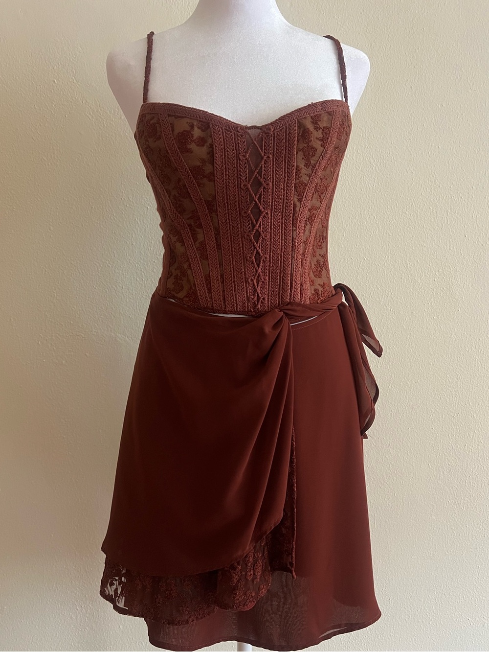 Ritmo di Perla Italy 2PC Set Brown Lace Corset Mini Skirt Size 42 Vintage - Picture 3 of 12